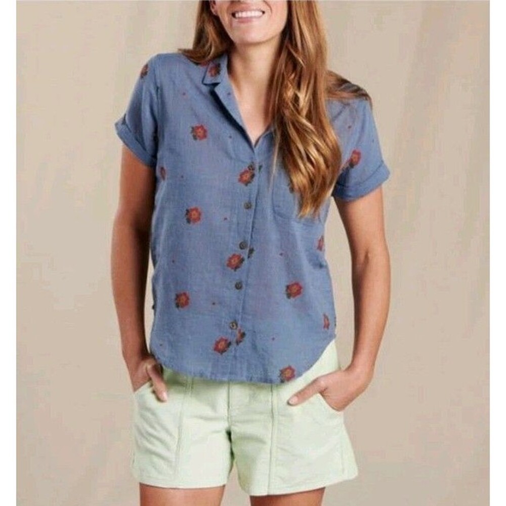 Toad&Co Womens Blue Floral Embroidered Short Sleeve Button Down Shirt Size S